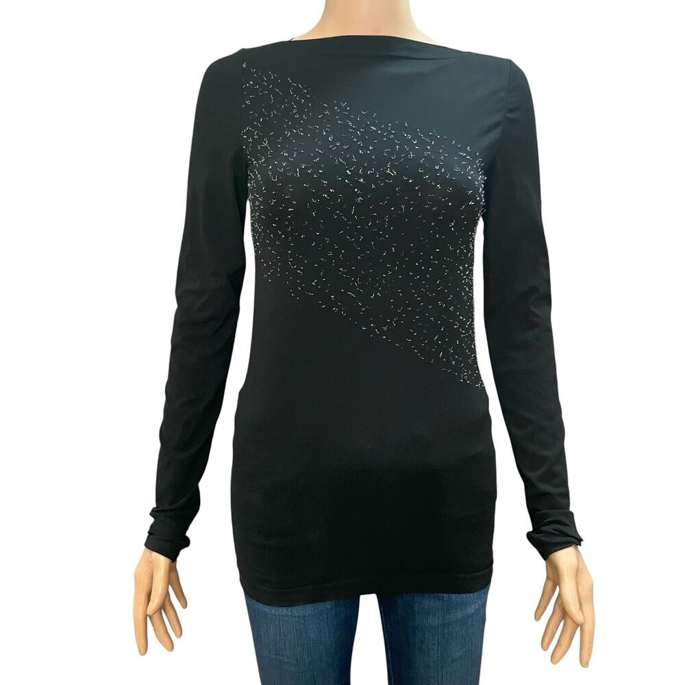 Wolford Seamless Tinsel Embellished Top Small Long Sleeve Black Silver Boat Neck